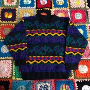 Vtg 90s Ground Control Kids Geometric Knit Sweater Multi-Color Retro Size 5/6